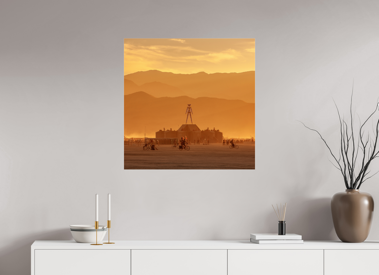 30 x 30″, Frameless Acrylic Glass Burning Man with Mountains