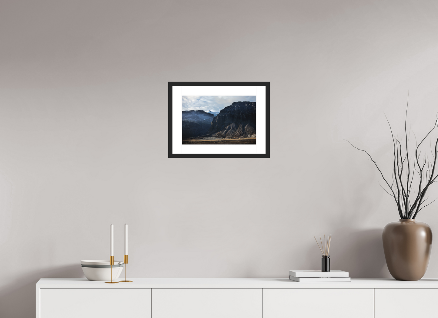 15 x 10″, Solid 0.8" Black Wood Frame With 2" Natural White Passe-Partout with Museum Glass Iceland Black Mountains