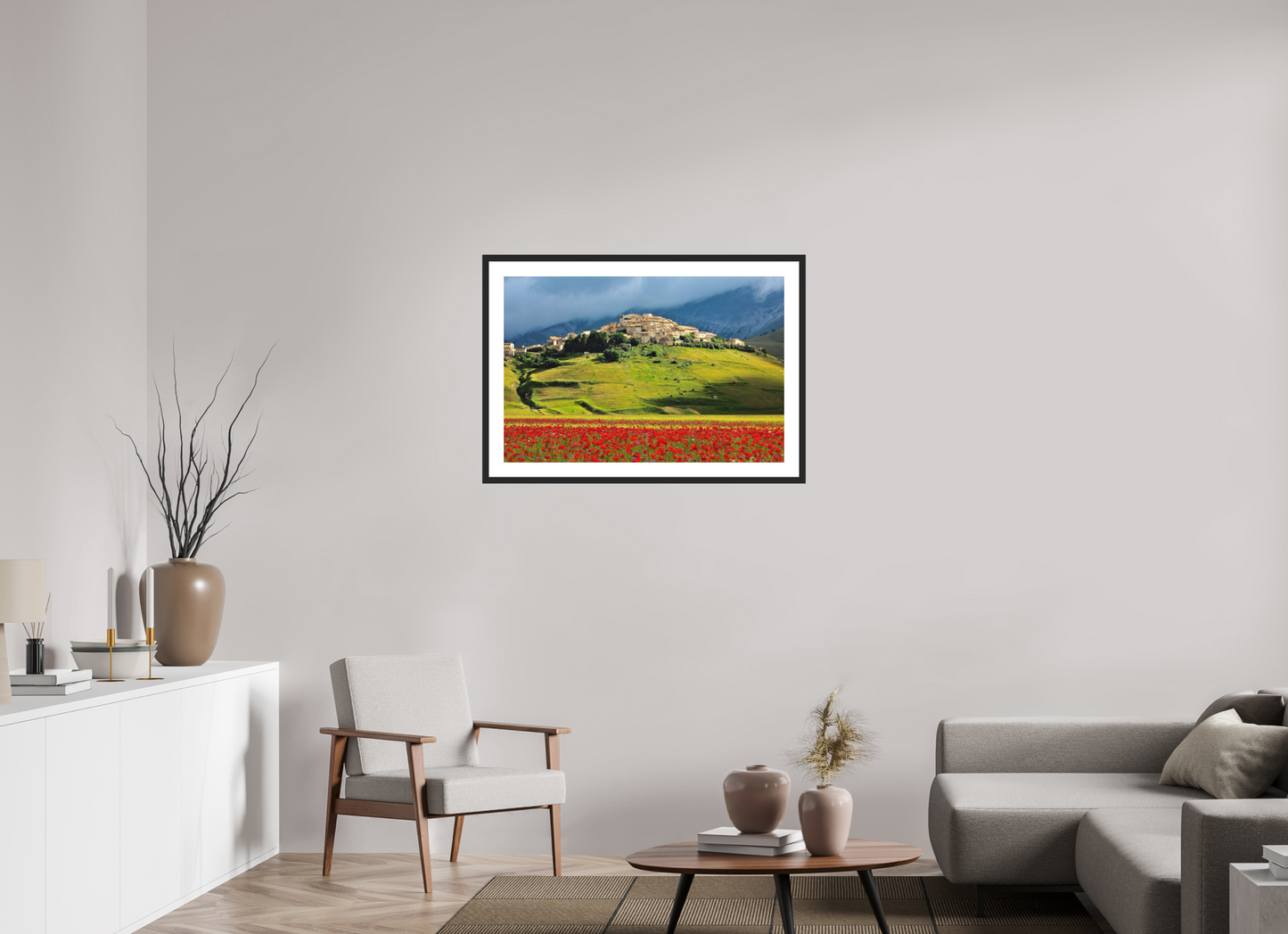 36 x 24″, Solid 0.8" Black Wood Frame With 2" Natural White Passe-Partout with Museum Glass Castelucci, Umbrian Landscape