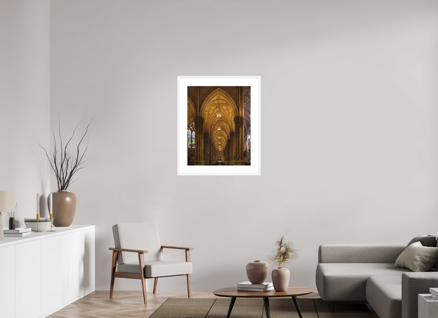 24 x 30″, Solid 0.8" White Wood Frame With 3" Natural White Passe-Partout with Museum Glass Gothic Archway, St. Patrick's Cathedral