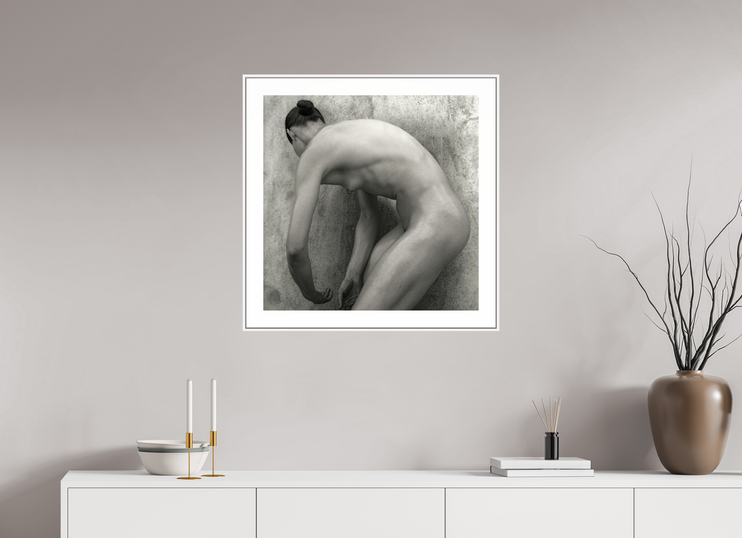 25 x 25″, White Matte Frame Nude No.60 - square