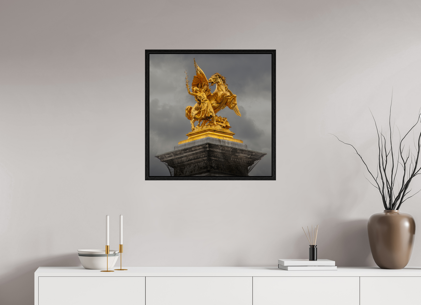 25 x 25″, Floater Frame Pegasus and Fame Sculpture