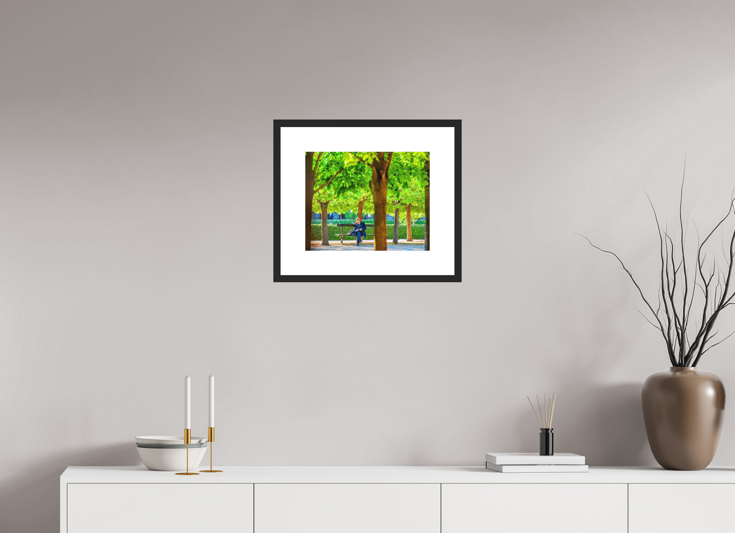 15 x 12″, Solid 0.8" Black Wood Frame With 3" Natural White Passe-Partout with Museum Glass Man Reading in Palais-Royal Garden