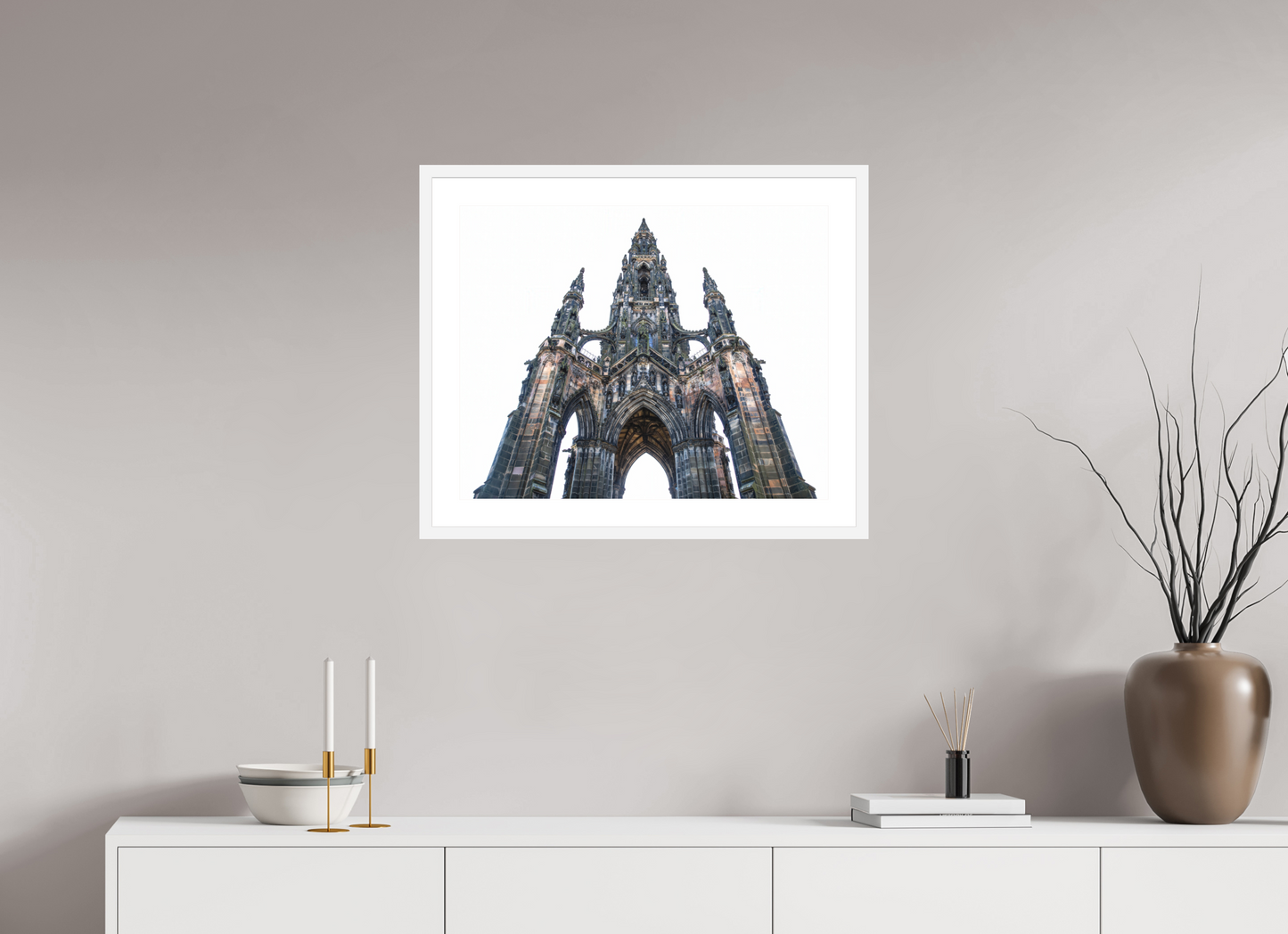 25 x 20″, Solid 0.8" White Wood Frame With 2" Natural White Passe-Partout with Museum Glass The Scott Monument