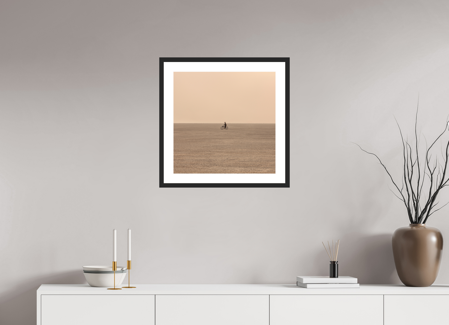 20 x 20″, Solid 0.8" Black Wood Frame With 2" Natural White Passe-Partout with Museum Glass Burning Man - Woman on Bike (square format)