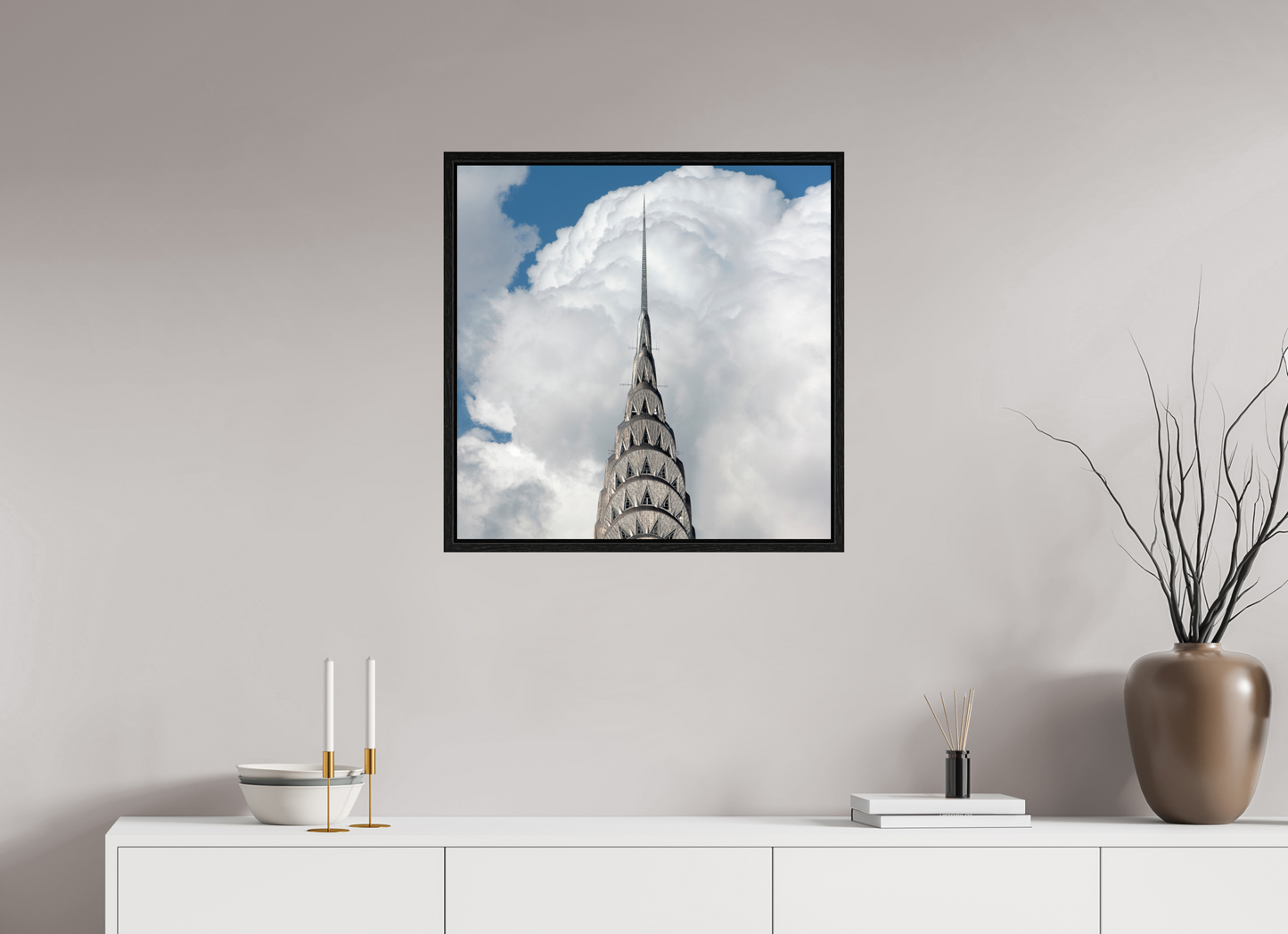25 x 25″, Floater Frame Chrysler Building with Clouds