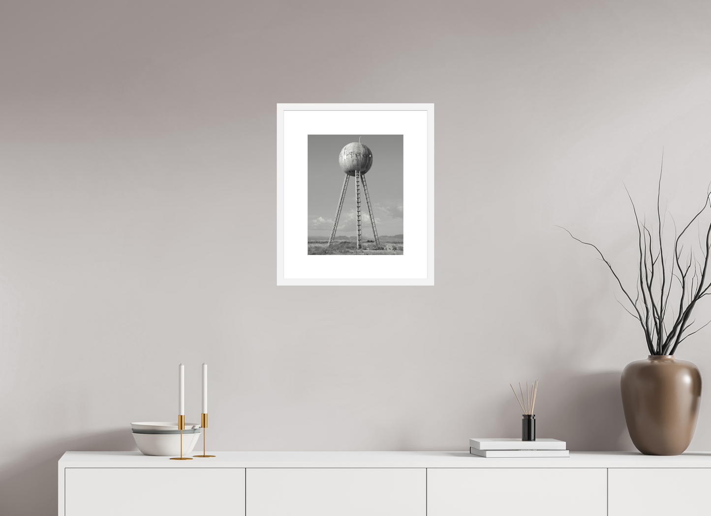 12 x 15″, Solid 0.8" White Wood Frame With 3" Natural White Passe-Partout with Museum Glass Spherical Water Tower