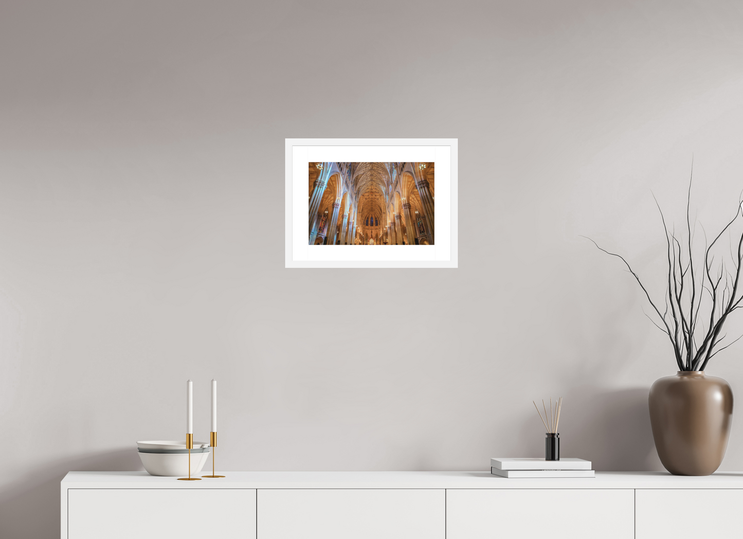 15 x 10″, Solid 0.8" White Wood Frame With 2" Natural White Passe-Partout with Museum Glass St. Patrick's Cathedral