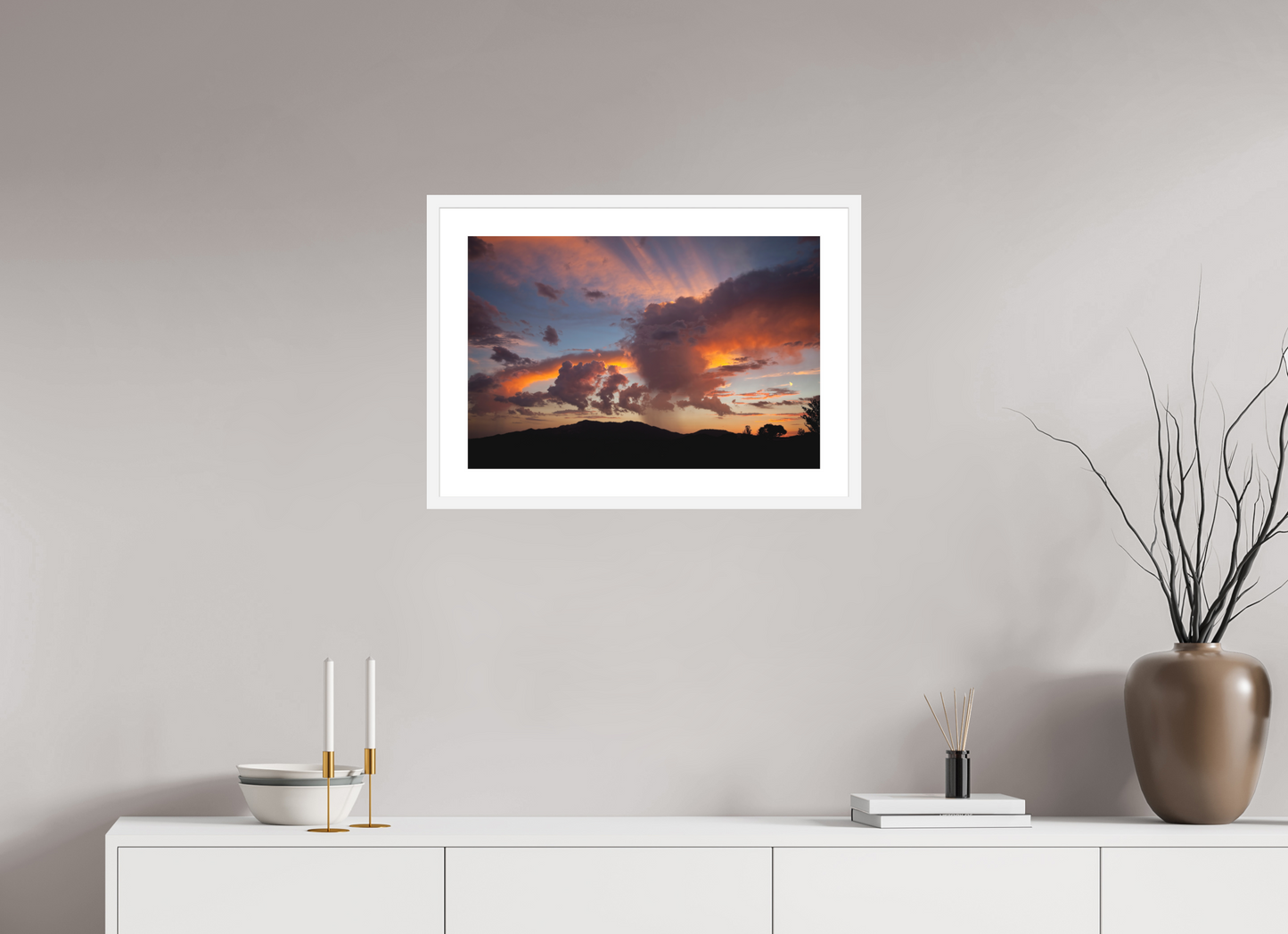 24 x 16″, Solid 0.8" White Wood Frame With 2" Natural White Passe-Partout with Museum Glass Sunset with Clouds