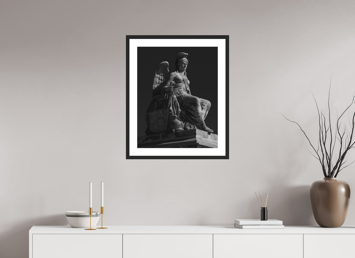 20 x 25″, Solid 0.8" Black Wood Frame With 2" Natural White Passe-Partout with Museum Glass Allegory Statue of Victorious France