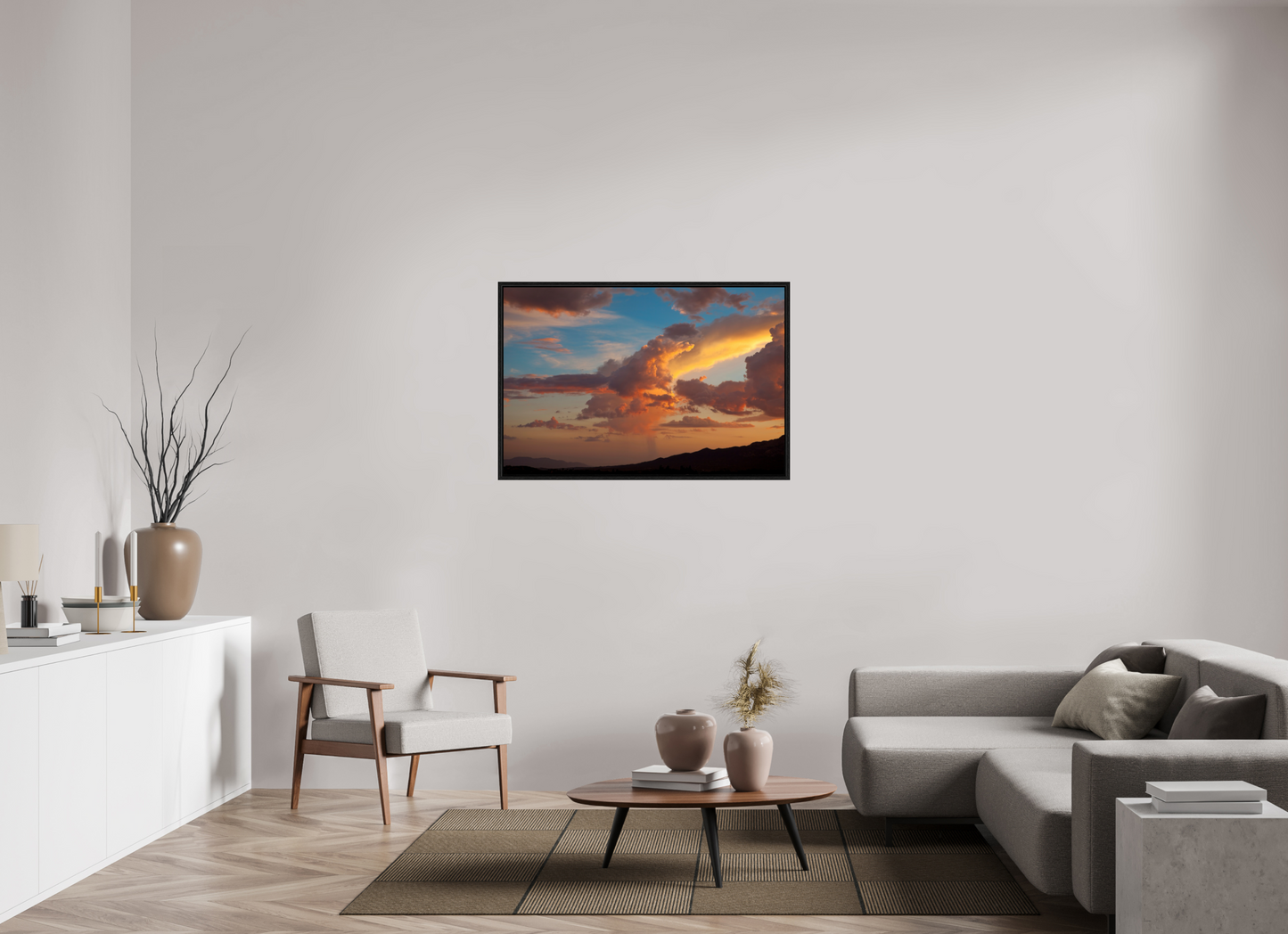 45 x 30″, Floater Frame Sunset Clouds and Mountains