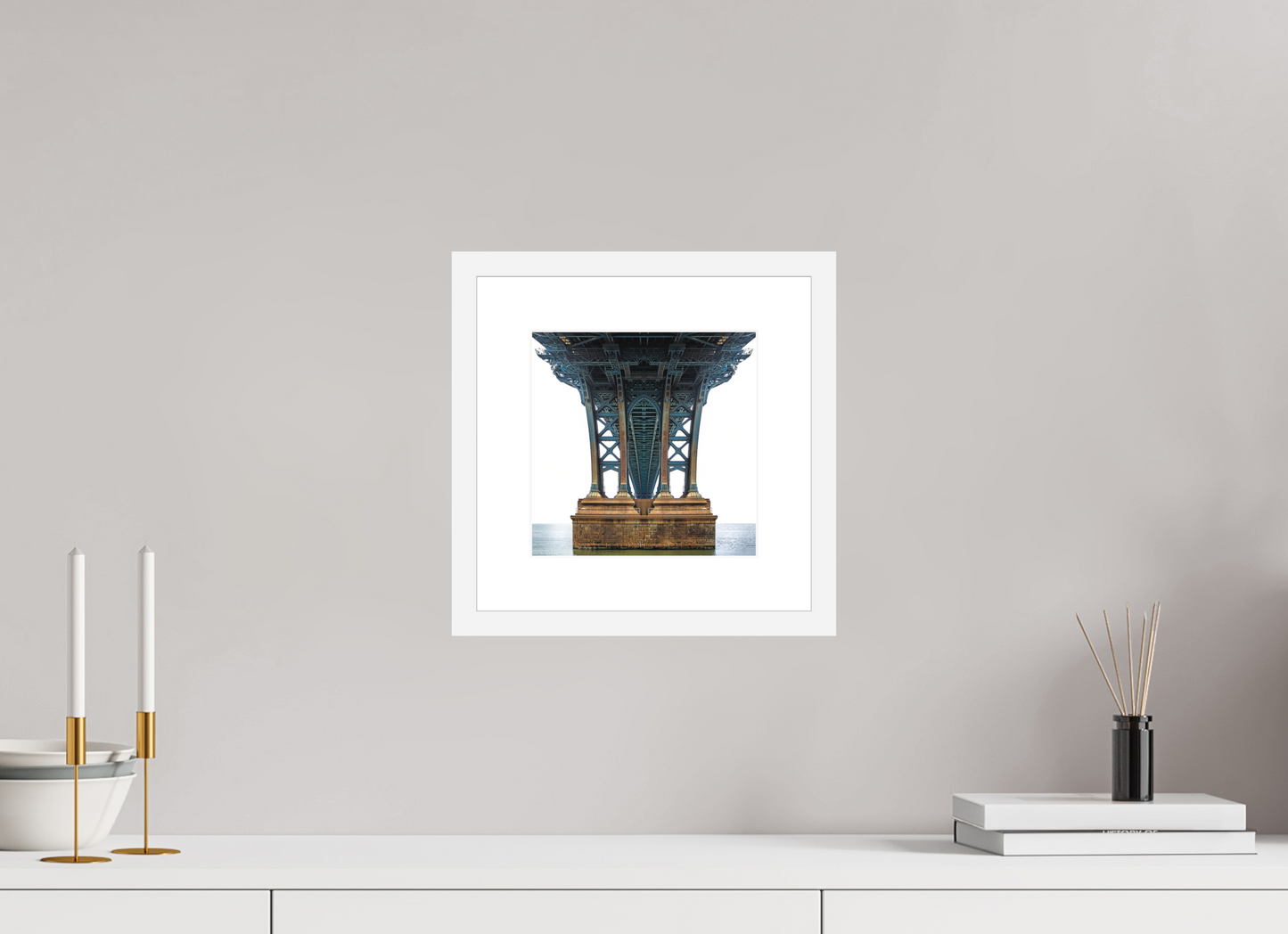 8 x 8″, Solid 0.8" White Wood Frame With 2" Natural White Passe-Partout with Museum Glass Manhattan Bridge