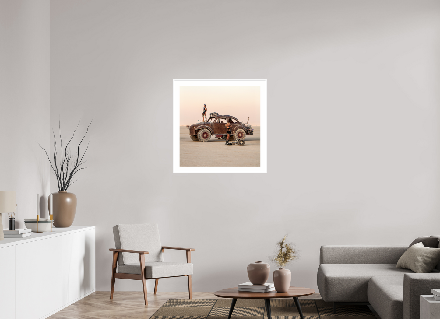 30 x 30″, White Matte Frame Burning Man - Art Car Large VW
