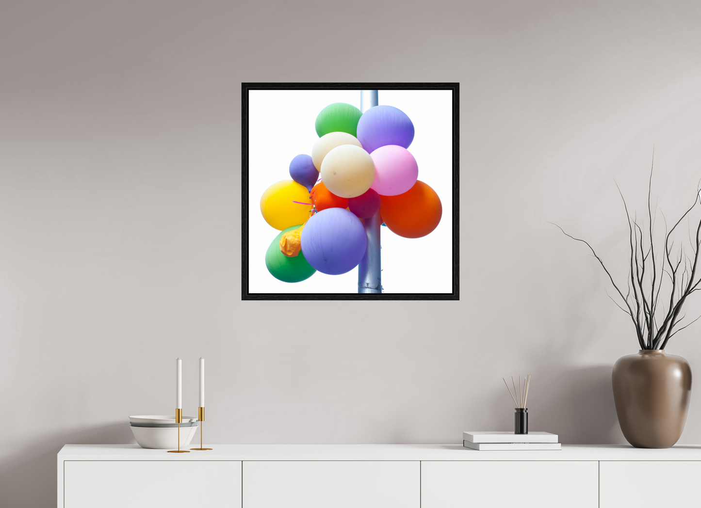 25 x 25″, Floater Frame Colorful Ballons Tied to a Lamp Post
