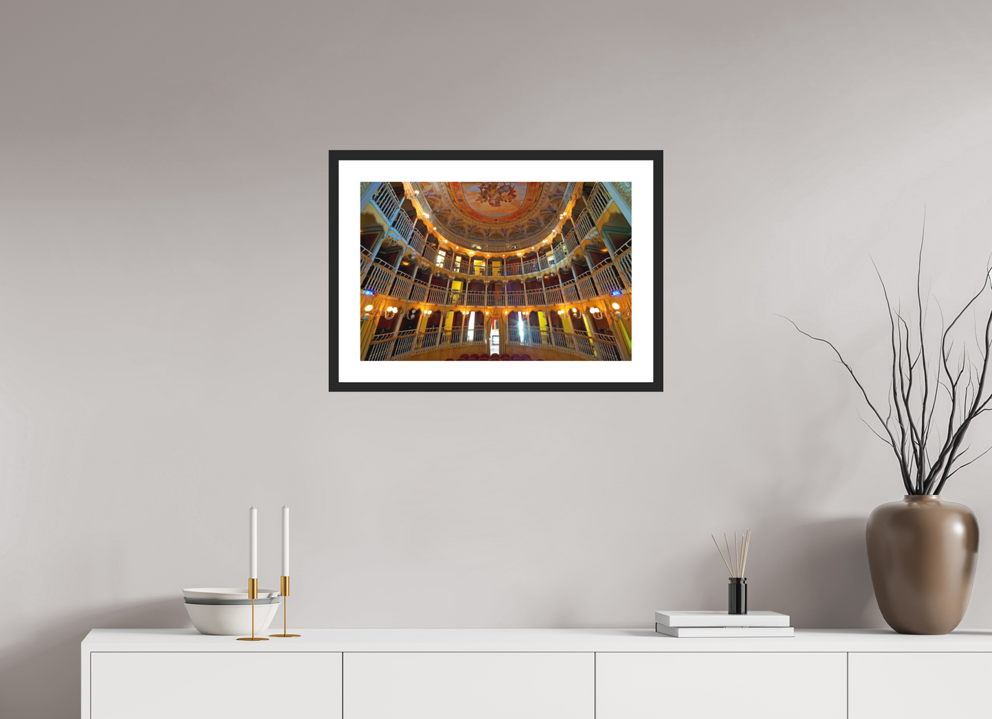 24 x 16″, Solid 0.8" Black Wood Frame With 2" Natural White Passe-Partout with Museum Glass Palazzo Dei Consoli Theatre France