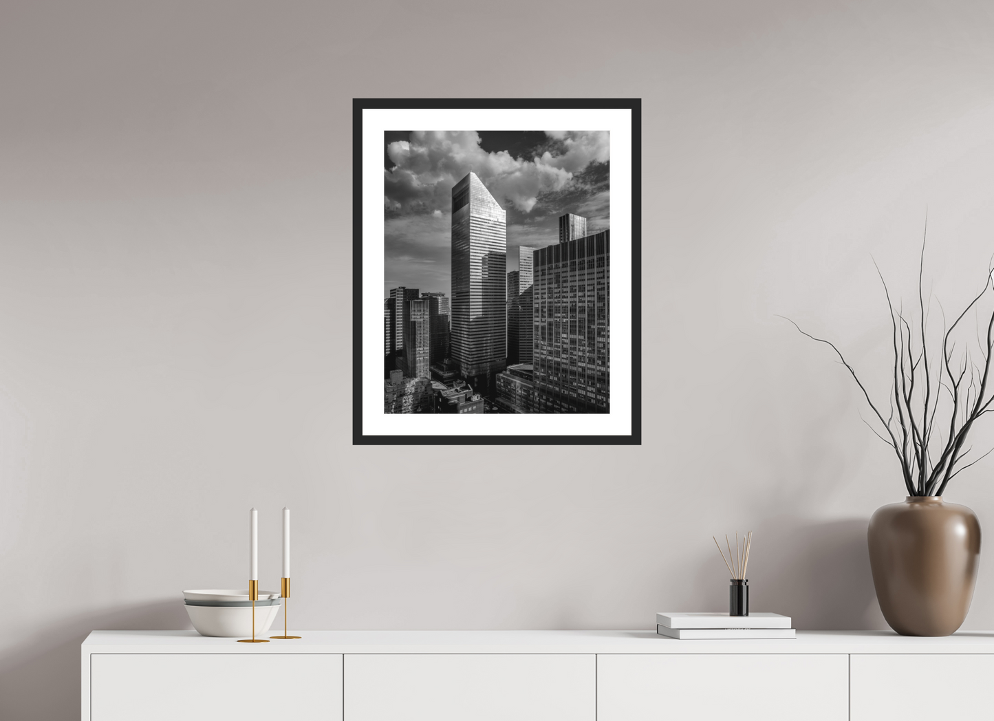 20 x 25″, Solid 0.8" Black Wood Frame With 2" Natural White Passe-Partout with Museum Glass Citicorp Tower
