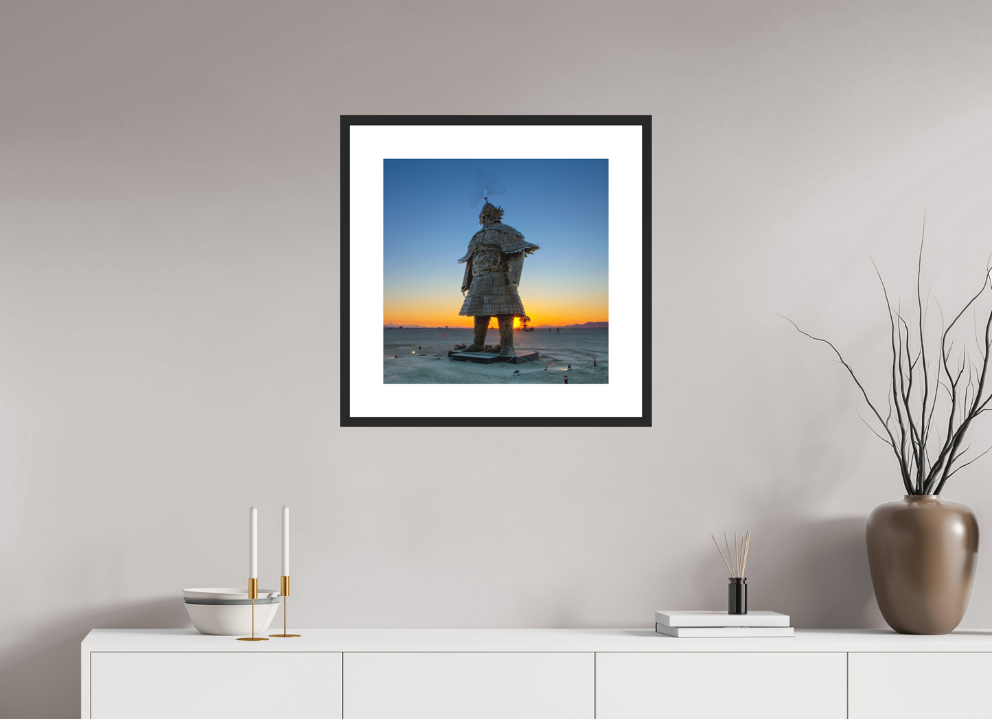 20 x 20″, Solid 0.8" Black Wood Frame With 3" Natural White Passe-Partout with Museum Glass Burning Man - The Samurai at Dawn (square format)