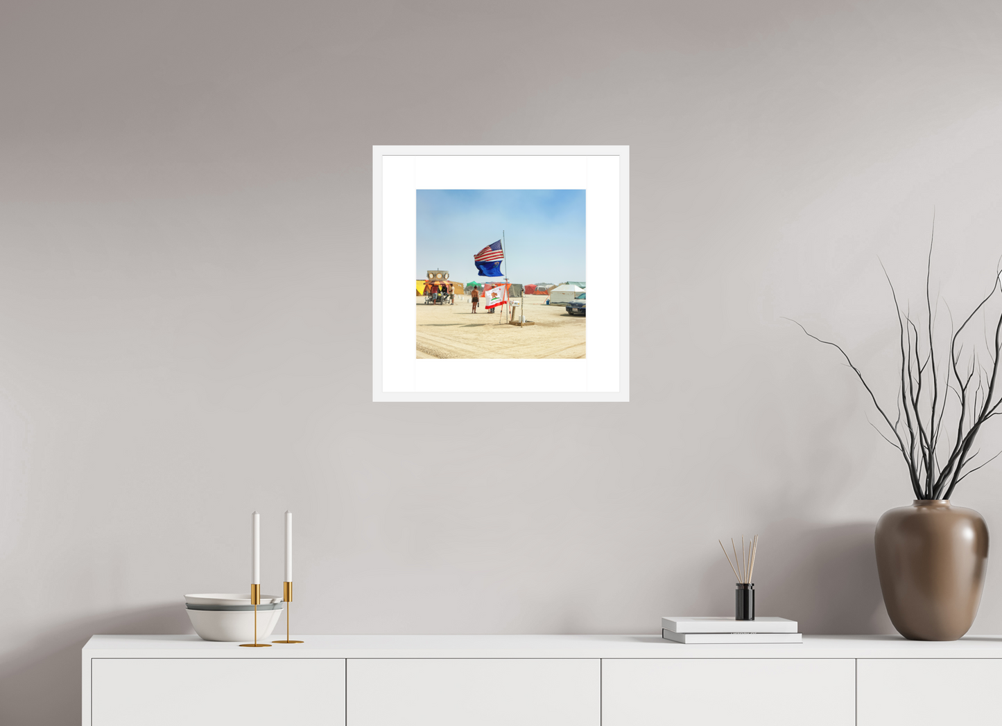 15 x 15″, Solid 0.8" White Wood Frame With 3" Natural White Passe-Partout with Museum Glass Burning Man - Woman with Flags (square format)