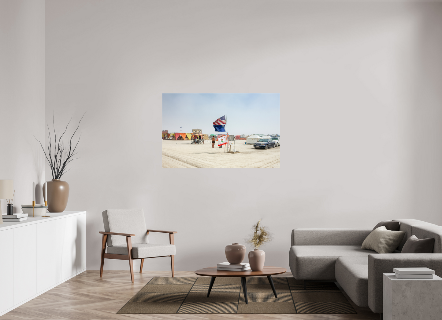 55 x 35″, Frameless Acrylic Glass Burning Man - Woman and Flags