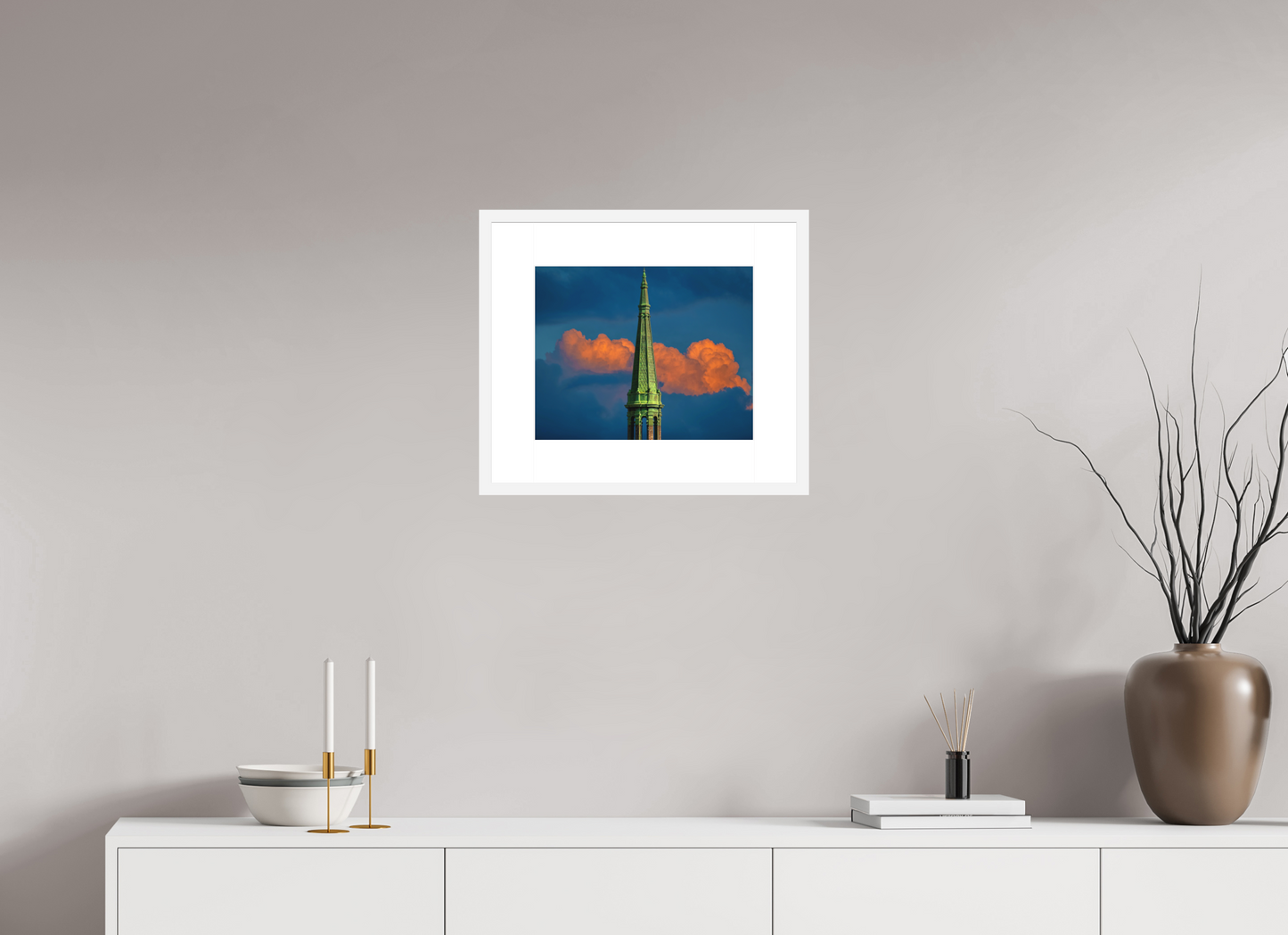 15 x 12″, Solid 0.8" White Wood Frame With 3" Natural White Passe-Partout with Museum Glass Orange Clouds and the top of the Sherry Netherland Hotel