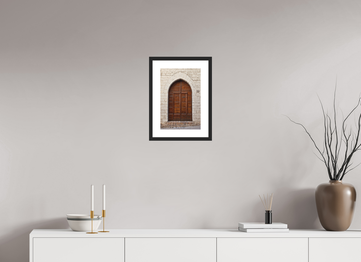 10 x 15″, Solid 0.8" Black Wood Frame With 2" Natural White Passe-Partout with Museum Glass Umbrian Door