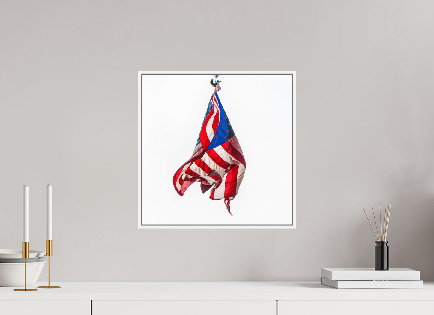 15 x 15″, White Matte Frame, No Border Crumpled USA Flag