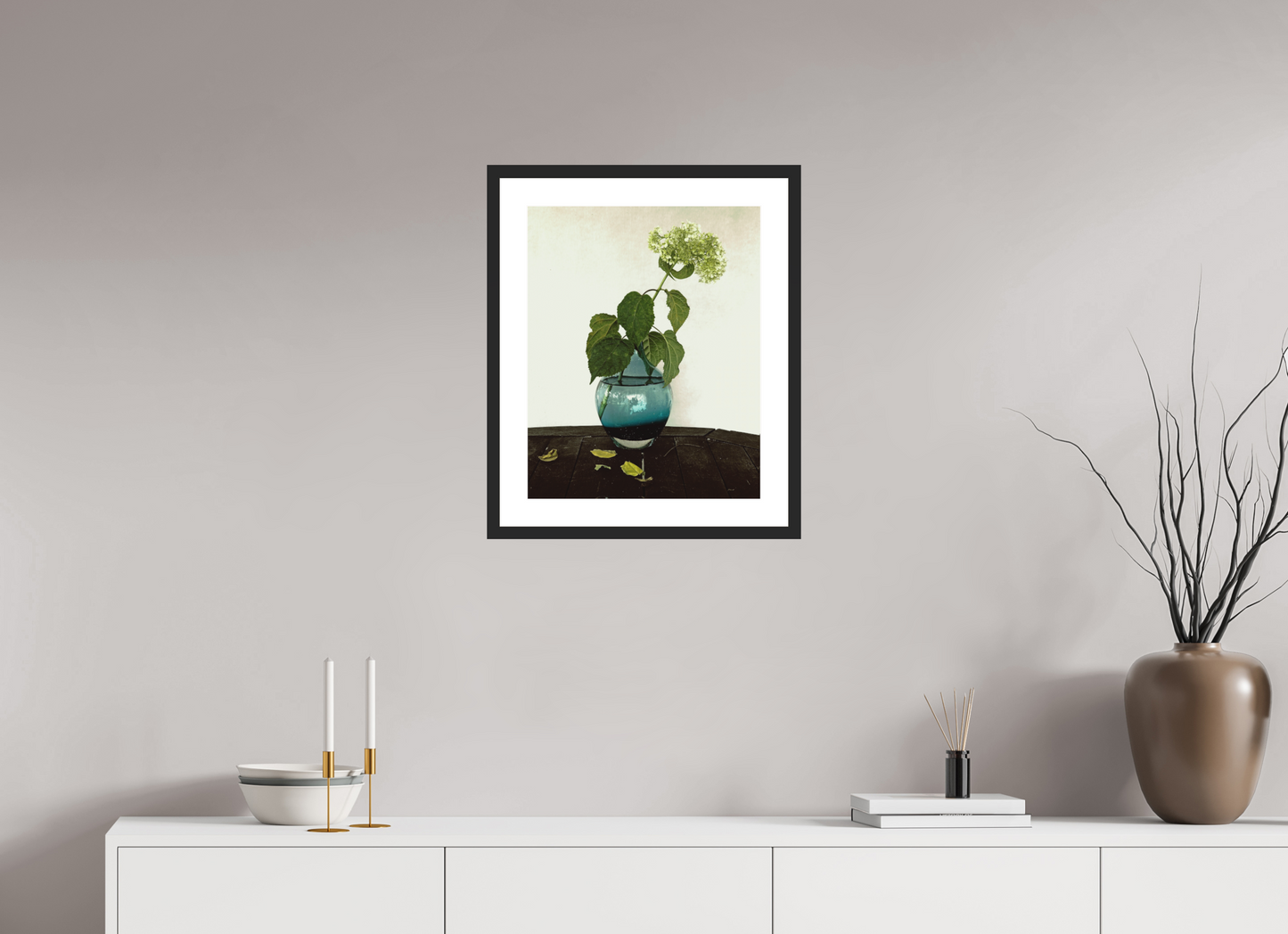 16 x 20″, Solid 0.8" Black Wood Frame With 2" Natural White Passe-Partout with Museum Glass Flower in Vase on Table