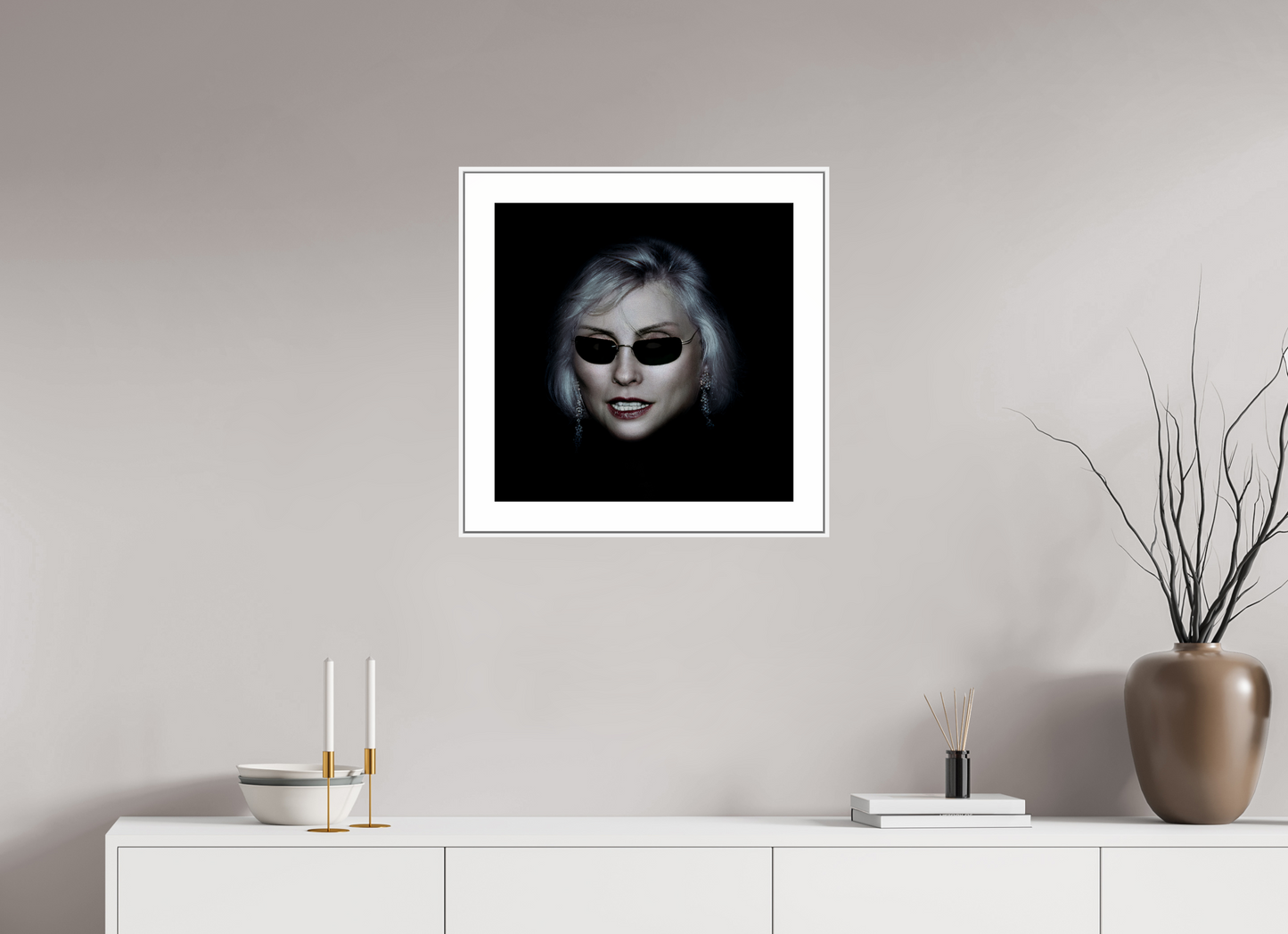 20 x 20″, White Matte Frame Debbie Harry Wearing Glasses