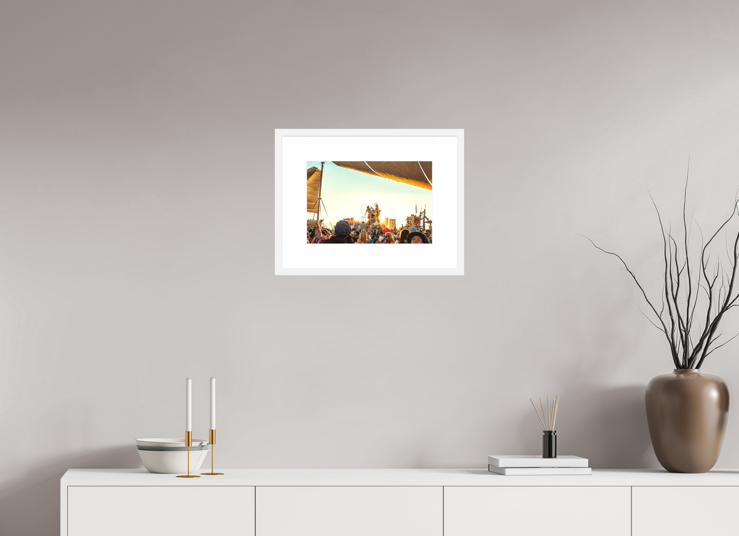 15 x 10″, Solid 0.8" White Wood Frame With 3" Natural White Passe-Partout with Museum Glass Burning Man - Gathering