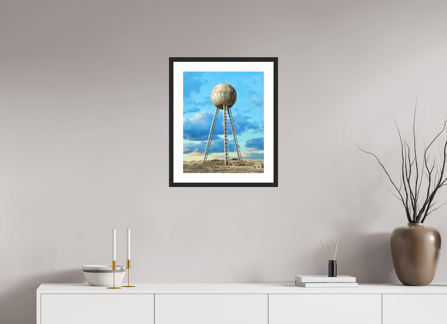 16 x 20″, Solid 0.8" Black Wood Frame With 2" Natural White Passe-Partout with Museum Glass Spherical Water Tower - Mexico