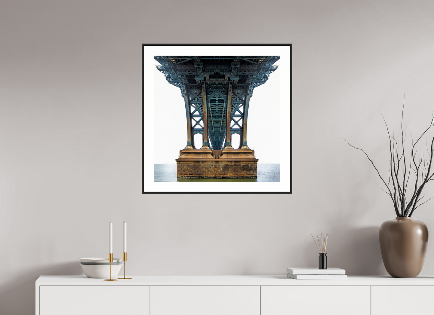 25 x 25″, Black Matte Frame Manhattan Bridge