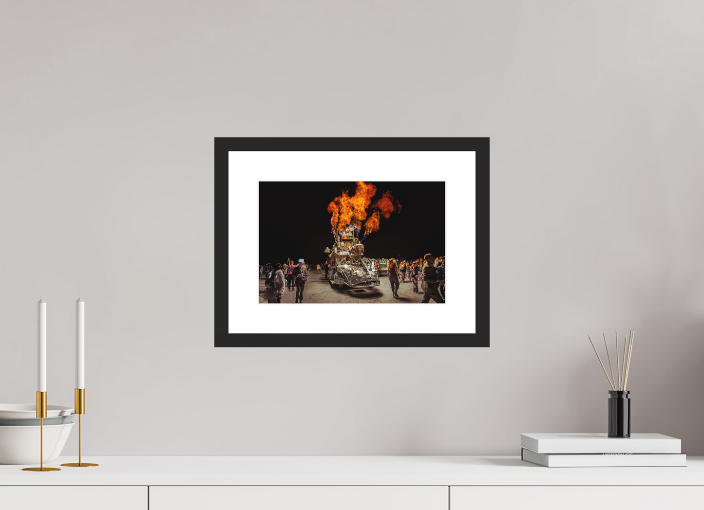 12 x 8″, Solid 0.8" Black Wood Frame With 2" Natural White Passe-Partout with Museum Glass Burning Man - Art Car with Flames