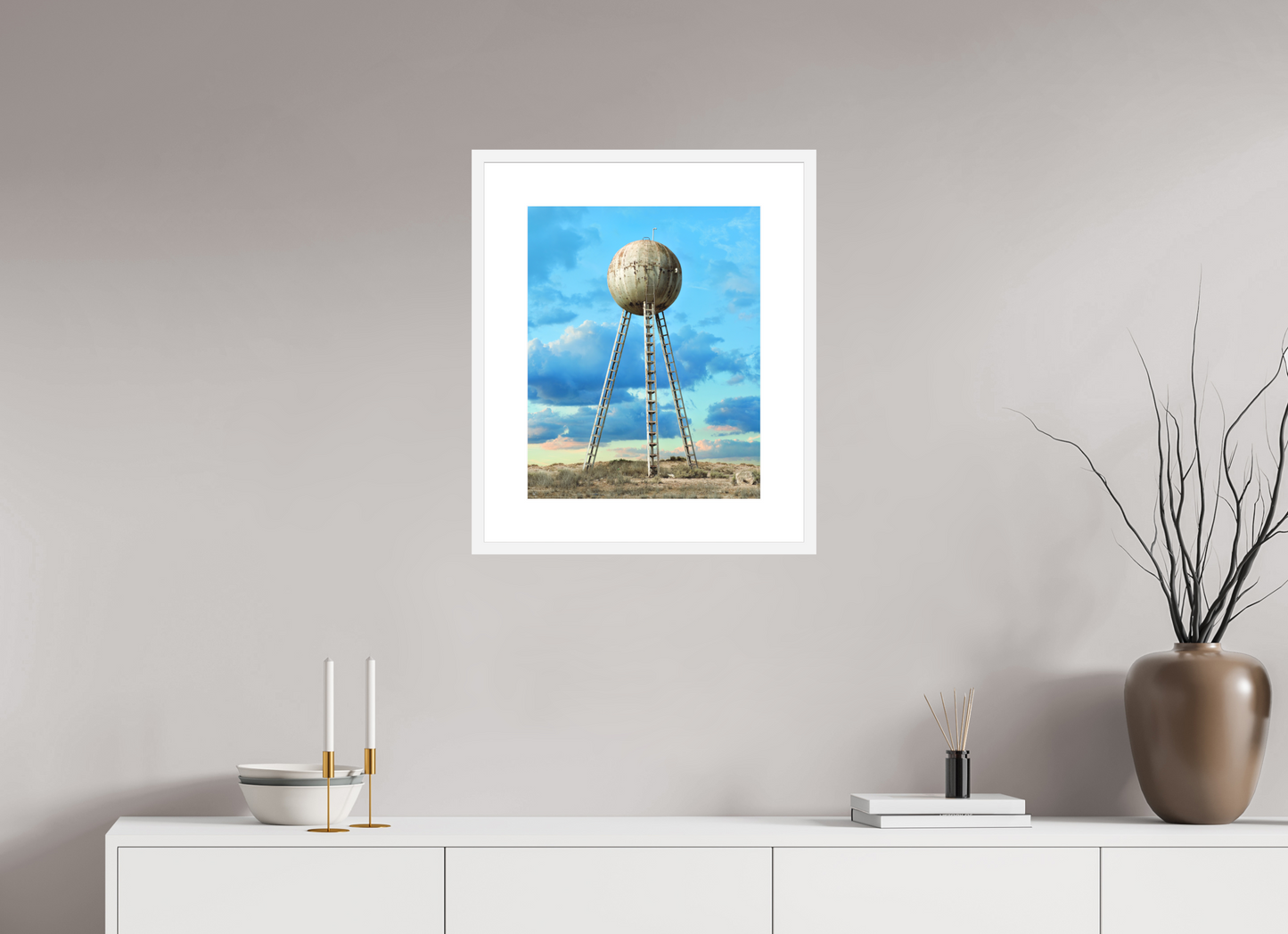 16 x 20″, Solid 0.8" White Wood Frame With 3" Natural White Passe-Partout with Museum Glass Spherical Water Tower - Mexico