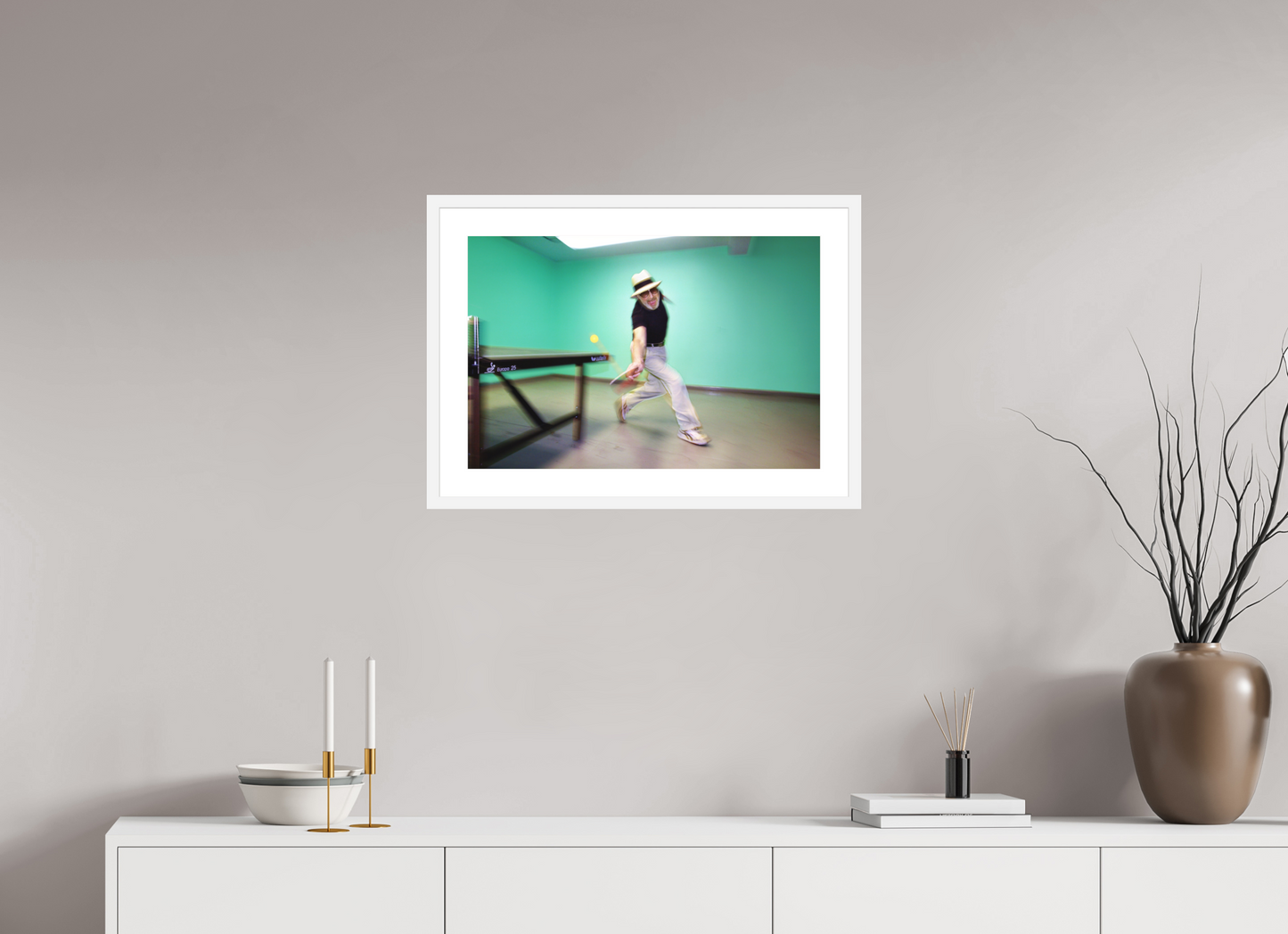 24 x 16″, Solid 0.8" White Wood Frame With 2" Natural White Passe-Partout with Museum Glass Marty Reisman