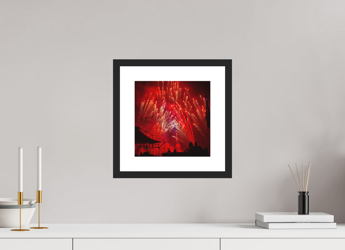 10 x 10″, Solid 0.8" Black Wood Frame With 2" Natural White Passe-Partout with Museum Glass Burning Man - Red Fireworks (square format)