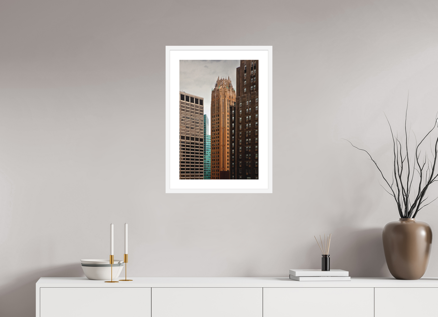 16 x 24″, Solid 0.8" White Wood Frame With 2" Natural White Passe-Partout with Museum Glass General Electric Building
