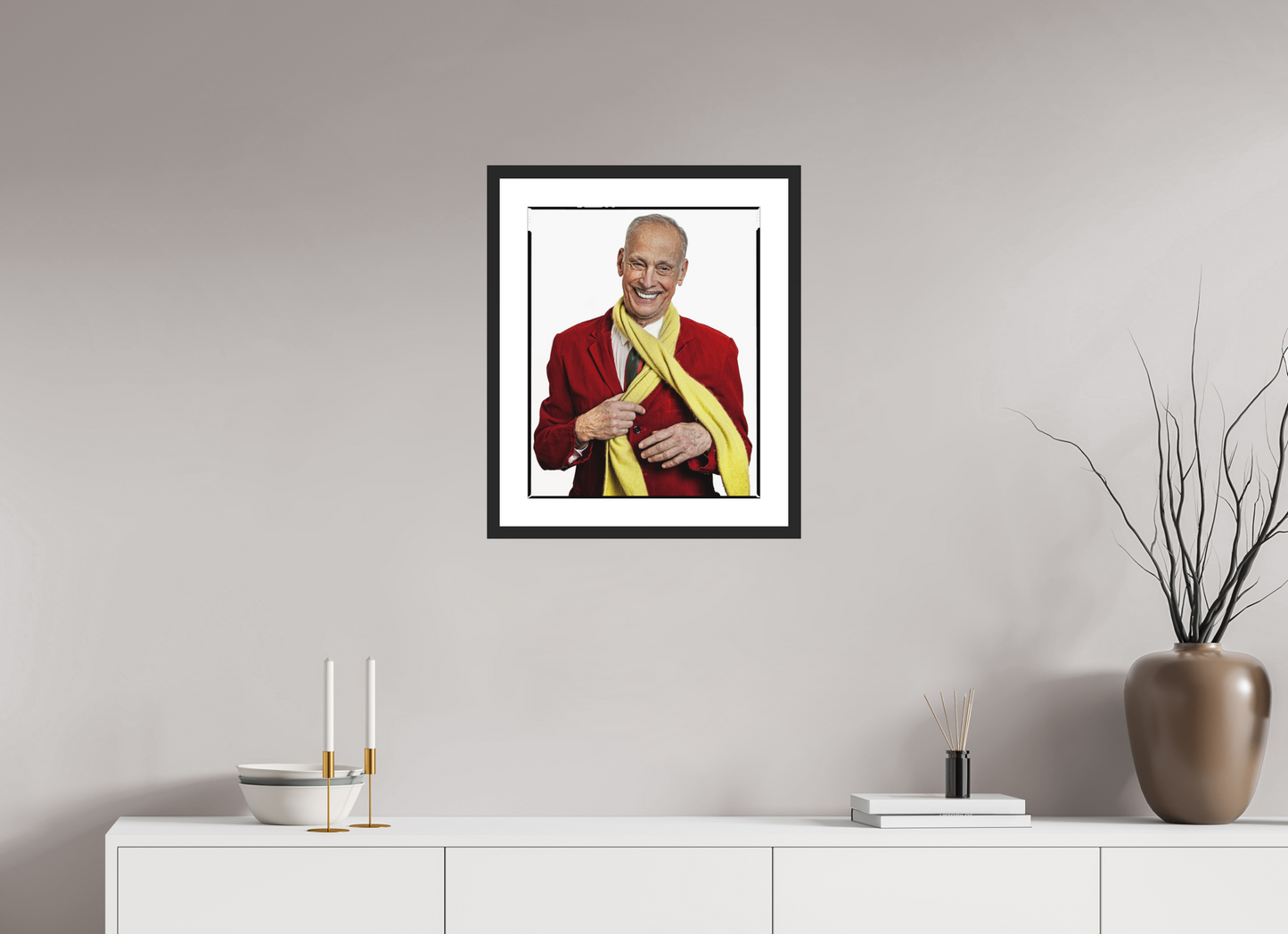 16 x 20″, Solid 0.8" Black Wood Frame With 2" Natural White Passe-Partout with Museum Glass Director John Waters in Red Jacket