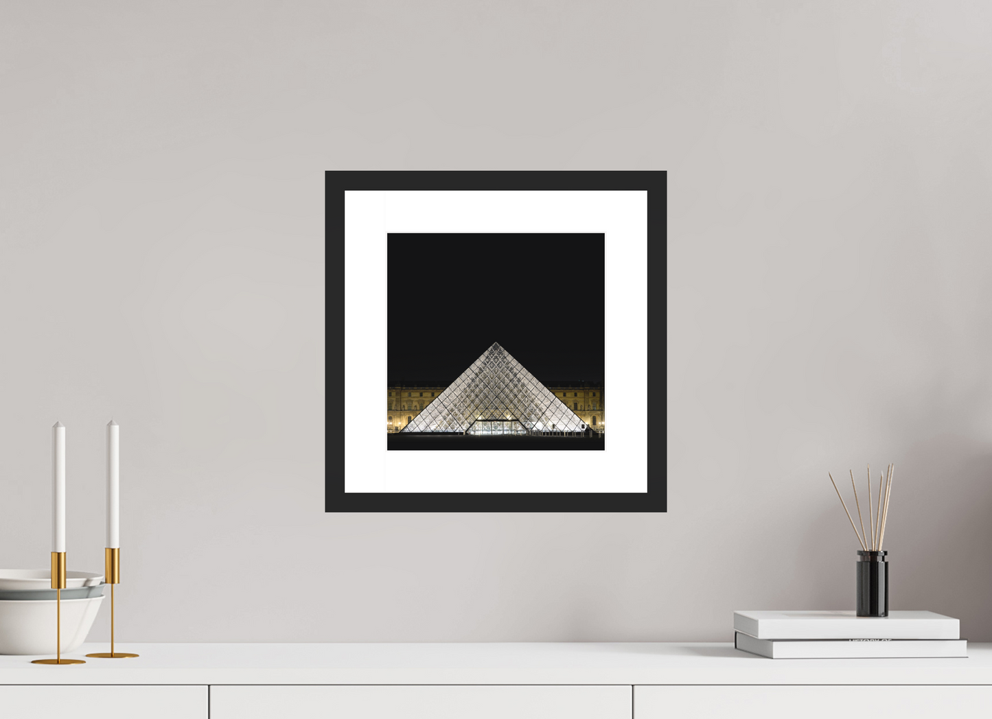 10 x 10″, Solid 0.8" Black Wood Frame With 2" Natural White Passe-Partout with Museum Glass The Louvre Pyramid