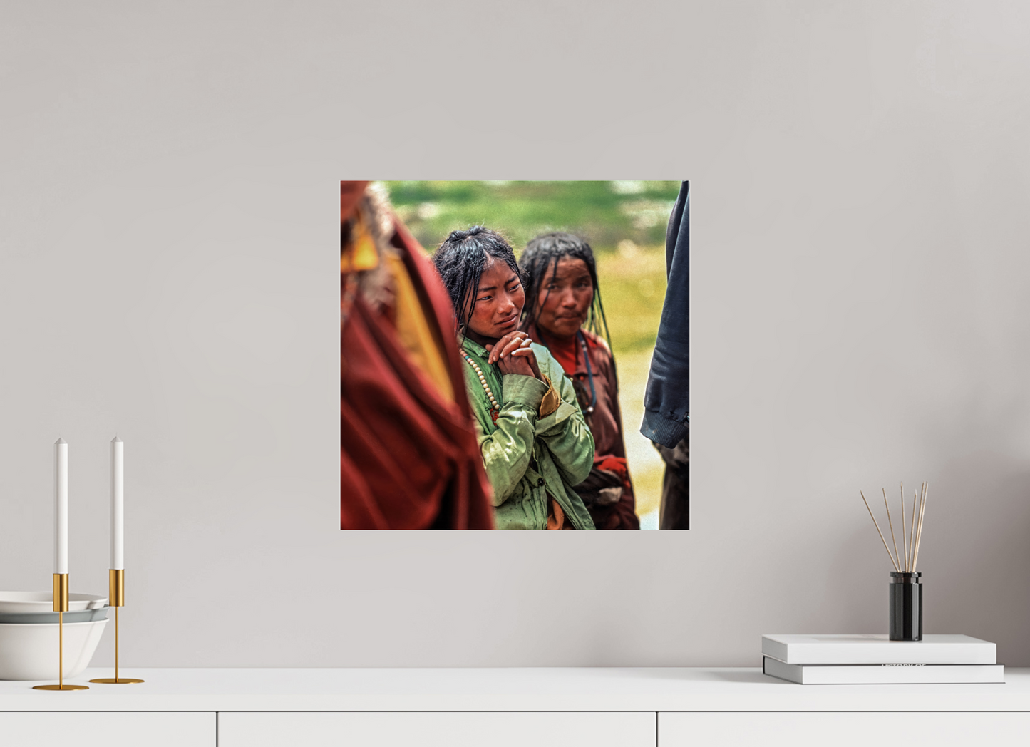 15 x 15″, Frameless Acrylic Glass Tibetan Girl in Green Jacket