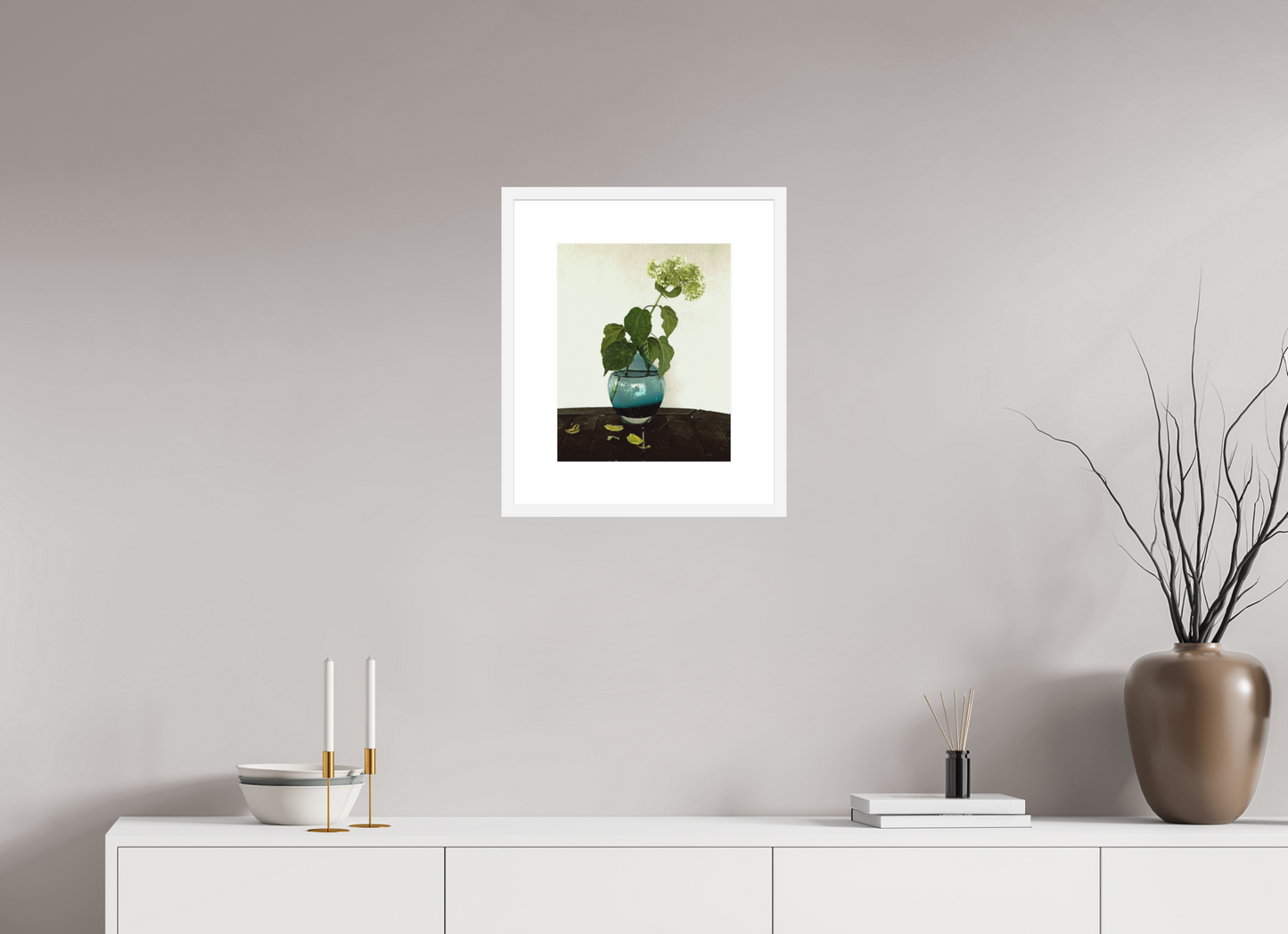 12 x 15″, Solid 0.8" White Wood Frame With 3" Natural White Passe-Partout with Museum Glass Flower in Vase on Table