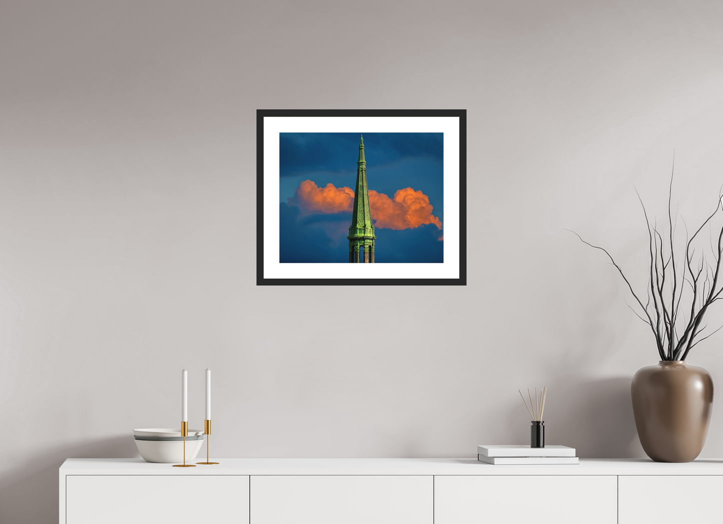 20 x 16″, Solid 0.8" Black Wood Frame With 2" Natural White Passe-Partout with Museum Glass Orange Clouds and the top of the Sherry Netherland Hotel