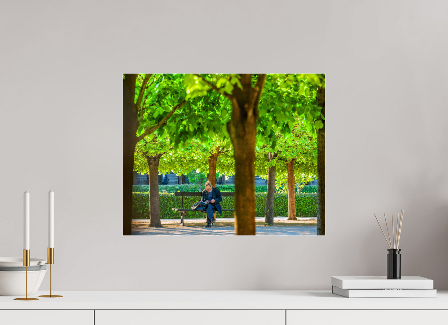 20 x 16″, Frameless Acrylic Glass Man Reading in Paris Garden