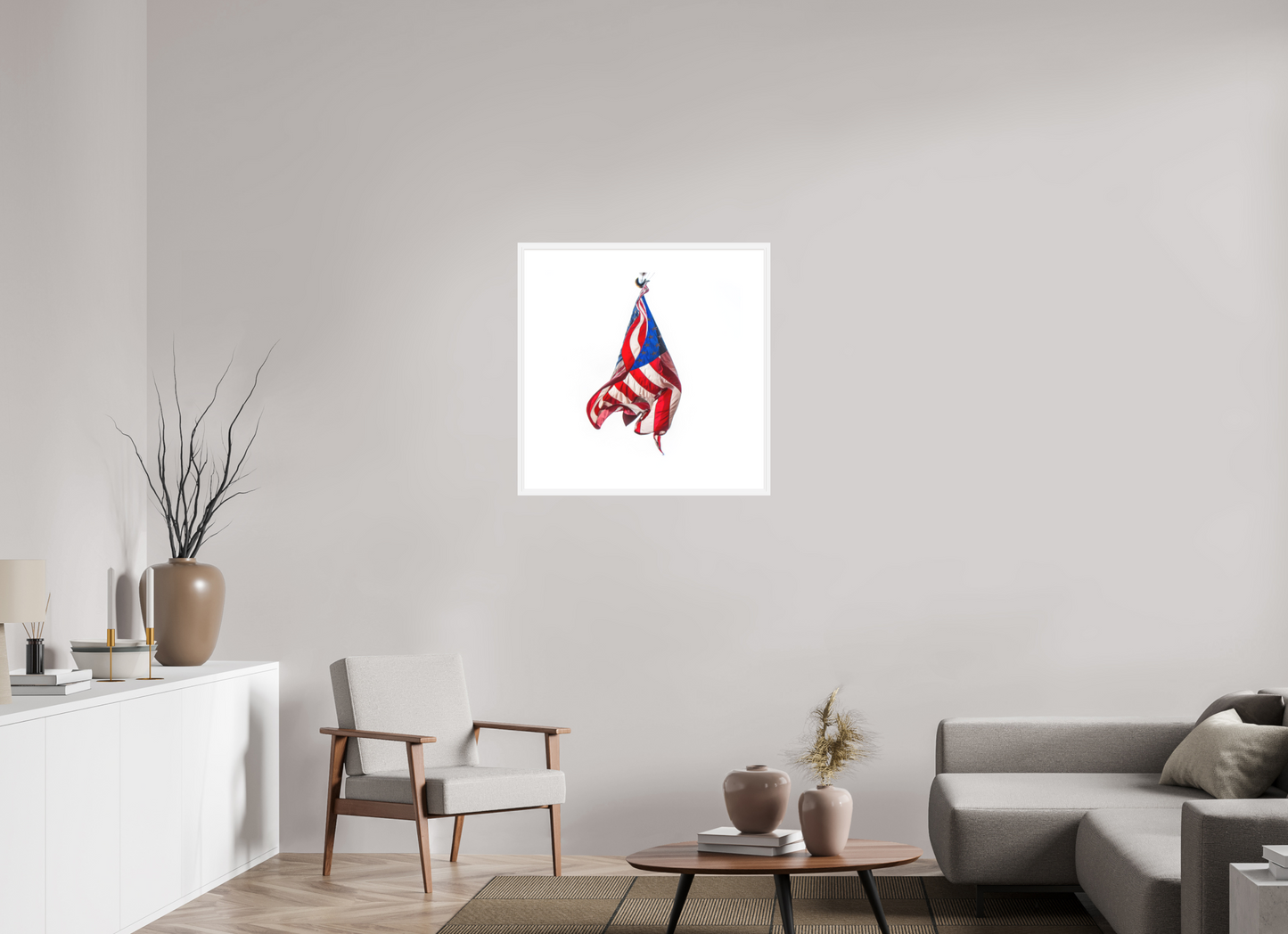 25 x 25″, Solid 0.8" White Wood Frame With 3" Natural White Passe-Partout with Museum Glass Crumpled USA Flag