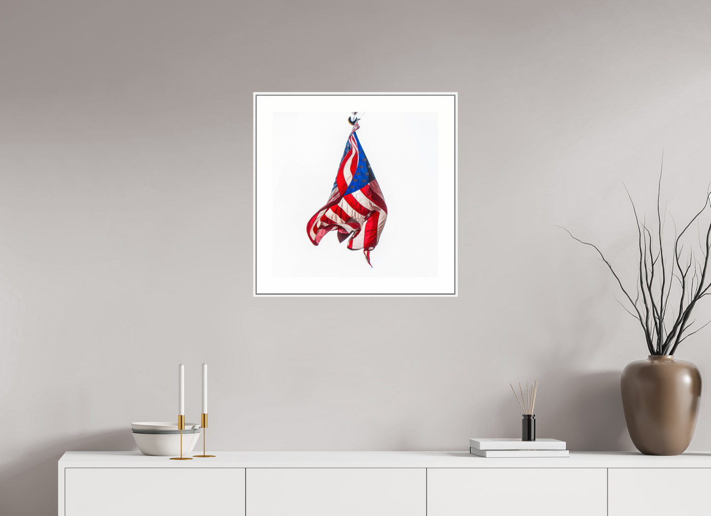 20 x 20″, White Matte Frame Crumpled USA Flag