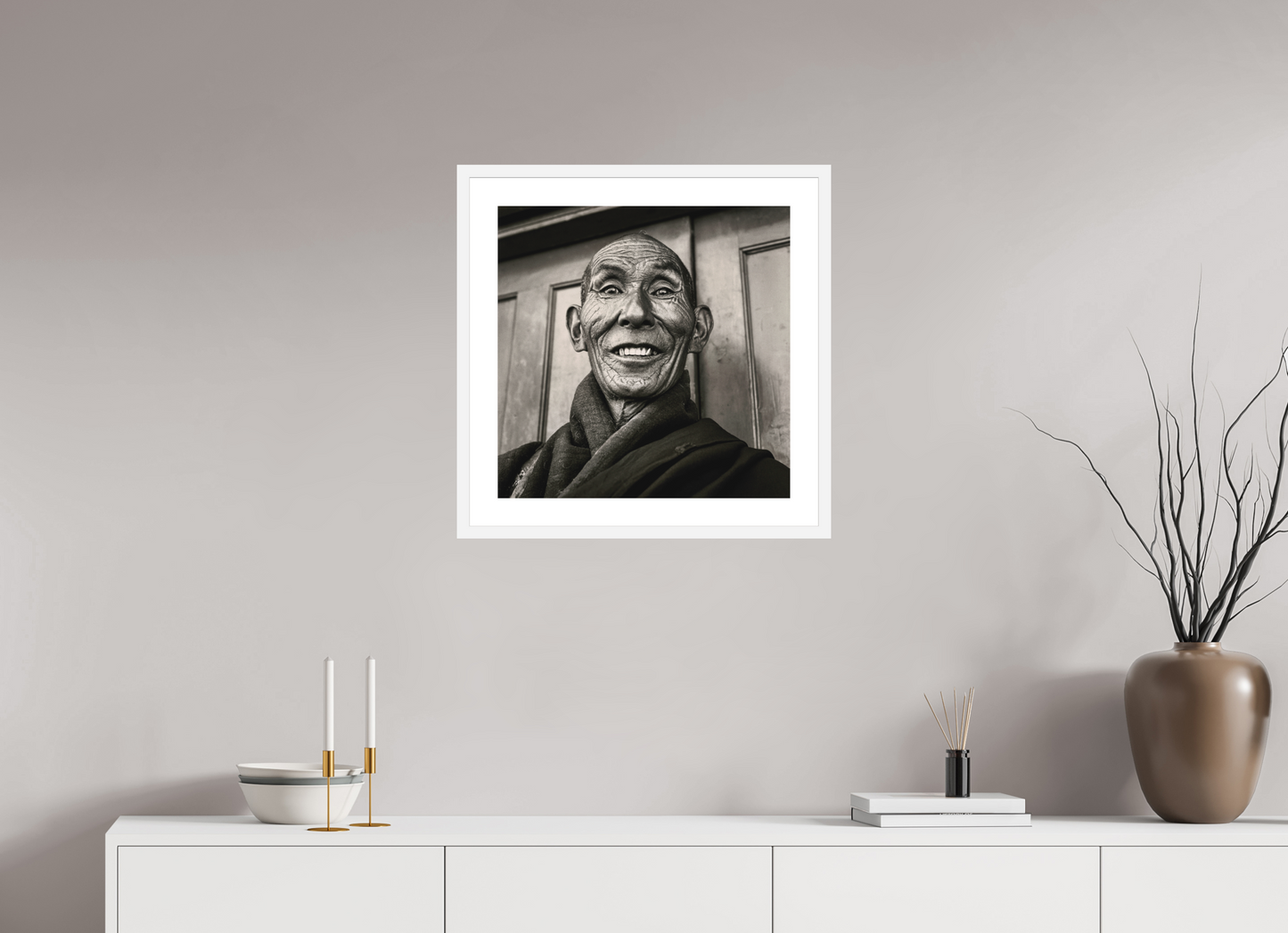 20 x 20″, Solid 0.8" White Wood Frame With 2" Natural White Passe-Partout with Museum Glass Reincarnated Tibetan Monk, Tibet