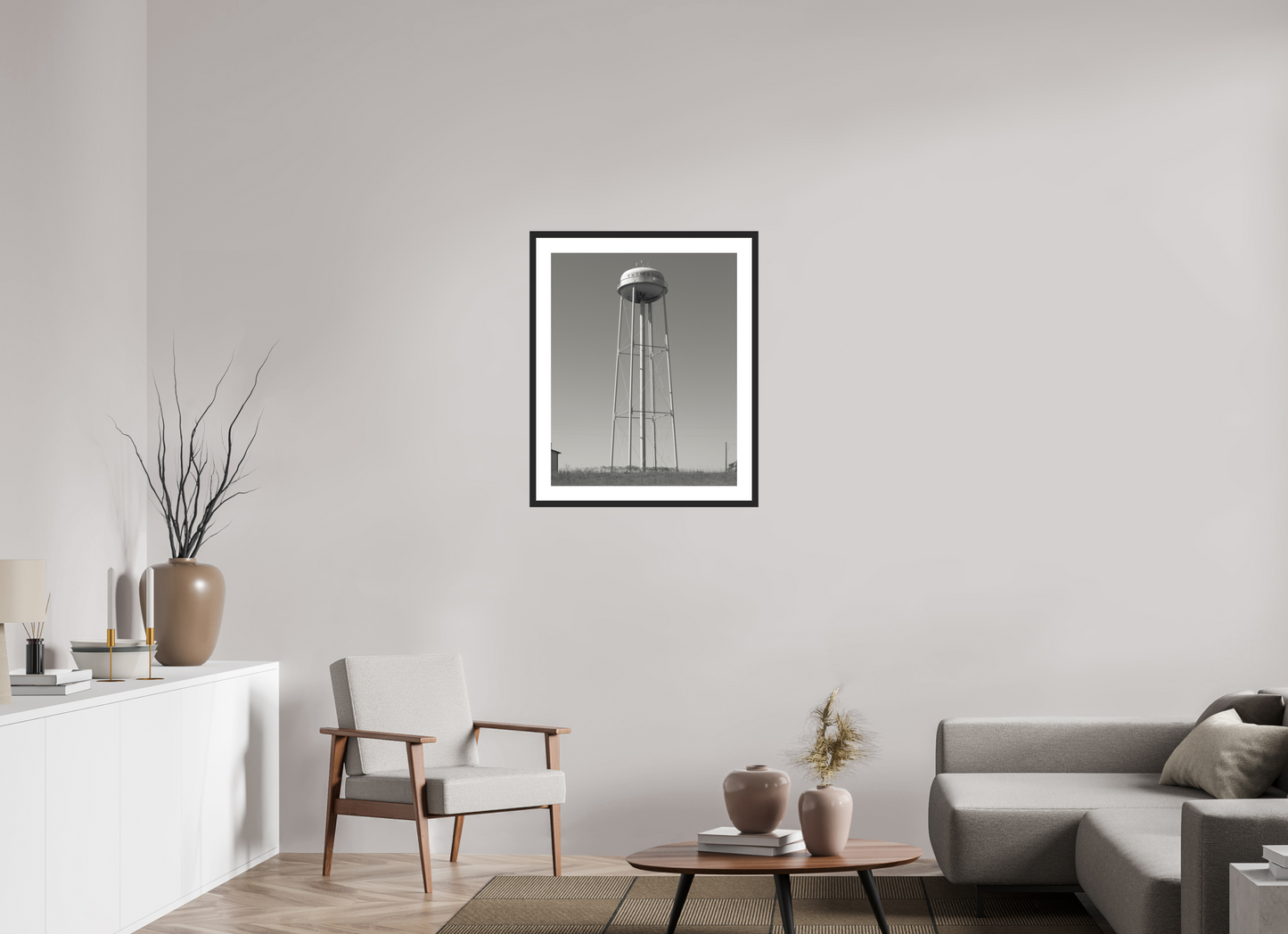 24 x 30″, Solid 0.8" Black Wood Frame With 2" Natural White Passe-Partout with Museum Glass Water Tower  RWD No. 6