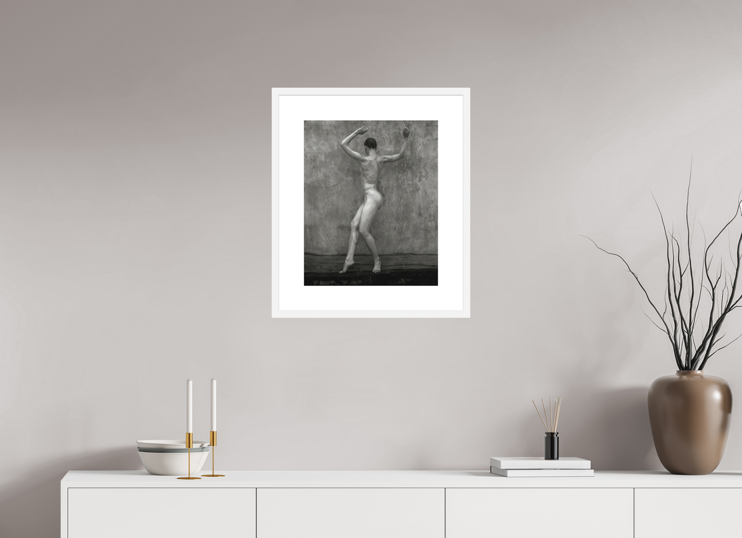 16 x 19.6″, Solid 0.8" White Wood Frame With 3" Natural White Passe-Partout with Museum Glass Nude No. 46