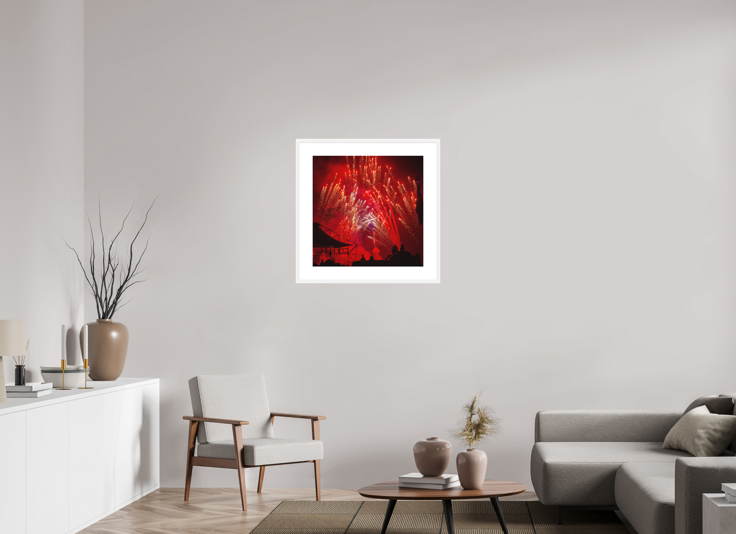 25 x 25″, Solid 0.8" White Wood Frame With 3" Natural White Passe-Partout with Museum Glass Burning Man - Red Fireworks (square format)