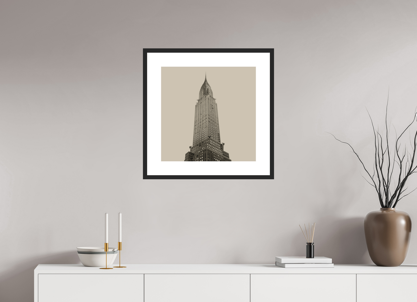 20 x 20″, Solid 0.8" Black Wood Frame With 3" Natural White Passe-Partout with Museum Glass Chrysler Building, NY