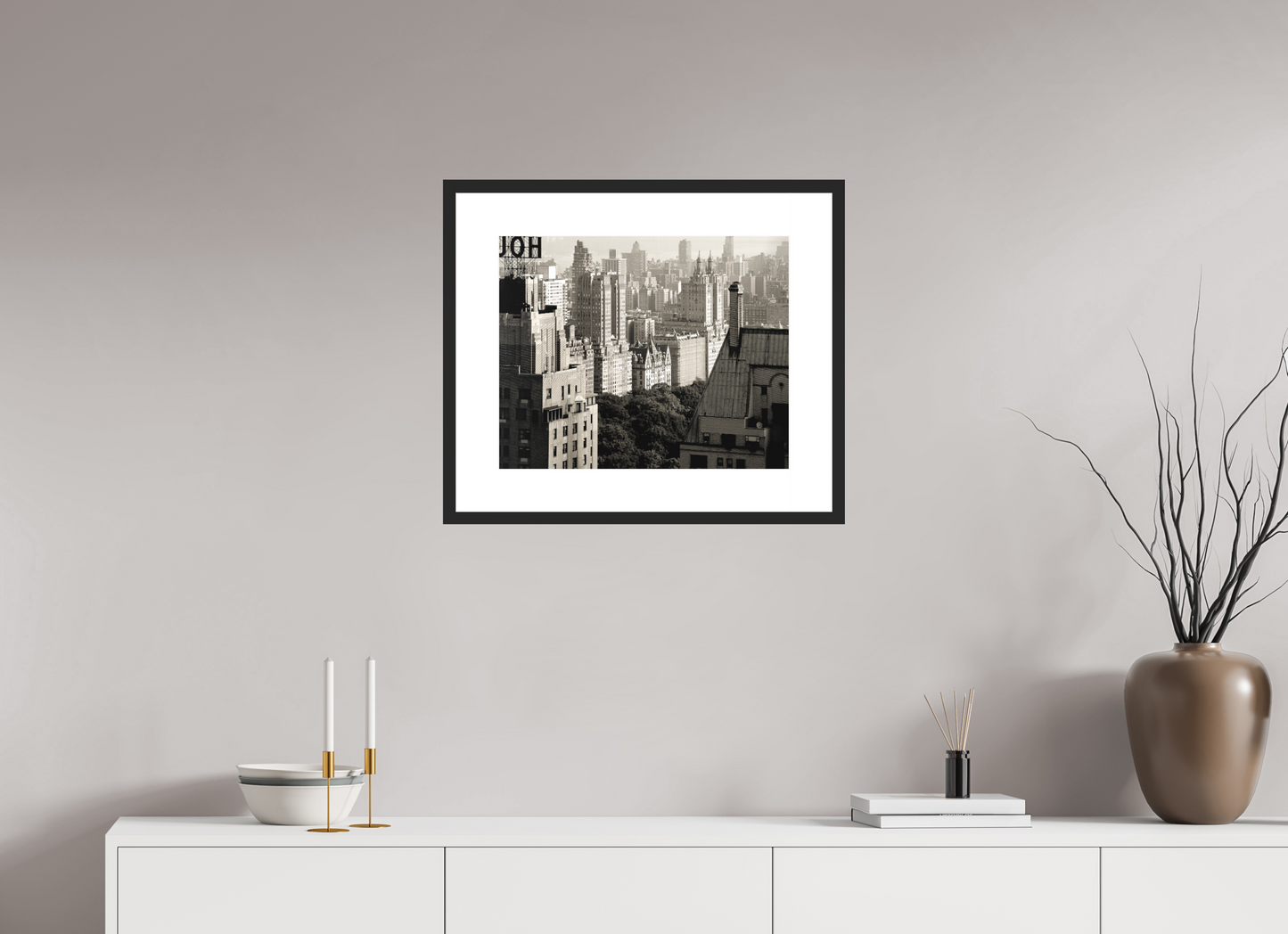 19.8 x 16″, Solid 0.8" Black Wood Frame With 3" Natural White Passe-Partout with Museum Glass The Dakota